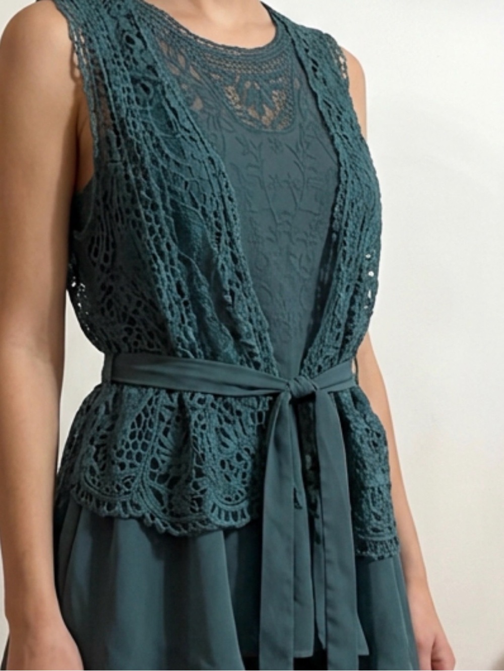 Daytrip Sleeveless Teal Crochet Lace Tie-Waist Vest Sz XS Women